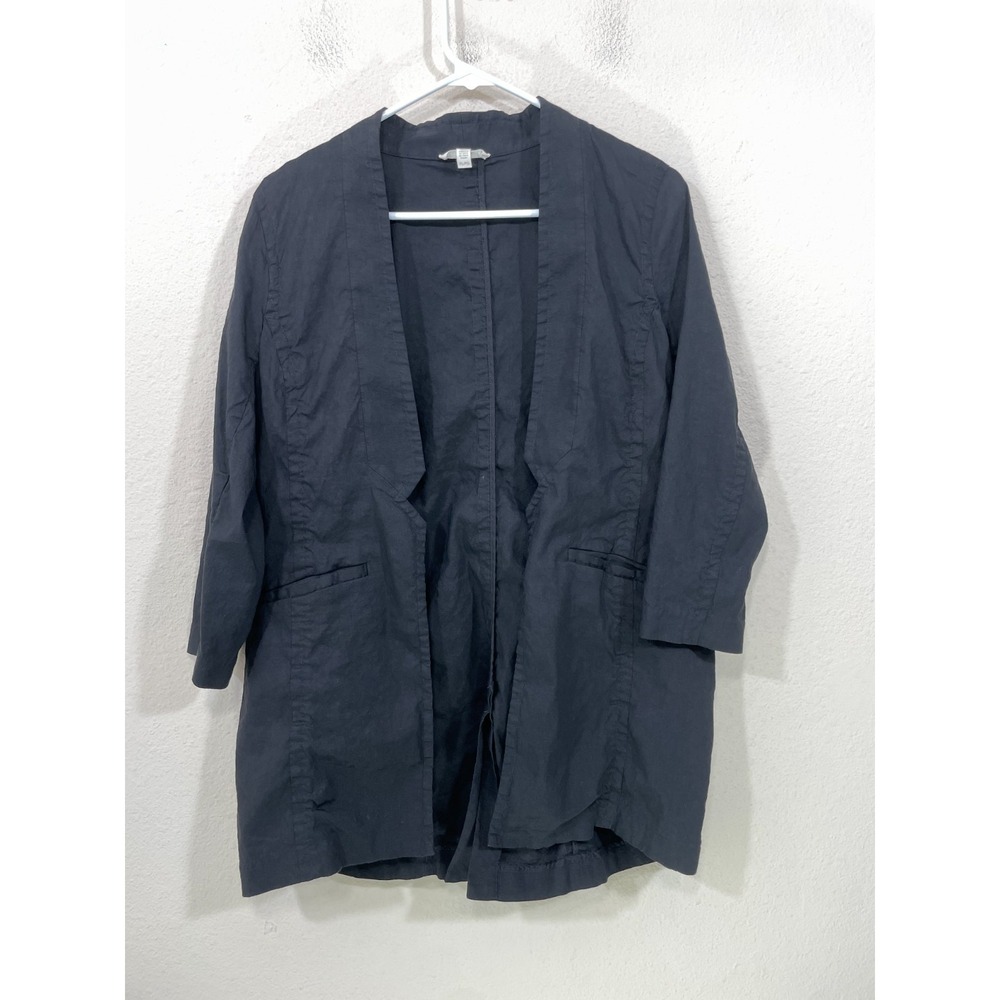 Eileen Fisher Petite Large Organic Linen Blend Open Front Blazer 3/4 Sleeve Blac